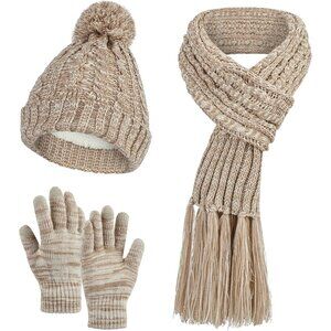 Womens Winter Beanie Hat Scarf Glove Set Knit Thick Warm Pompom Cap 3 in 1